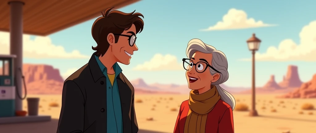 a male animated movie character in the Disney Pixar style, high qualiy, best qualityer , black fleece sweater blue shirt , Wear nerd glasses, , long hair , Happy young man , he is talking to an old lady , at a gas station in the desert, funny comedy scene , nice lady,