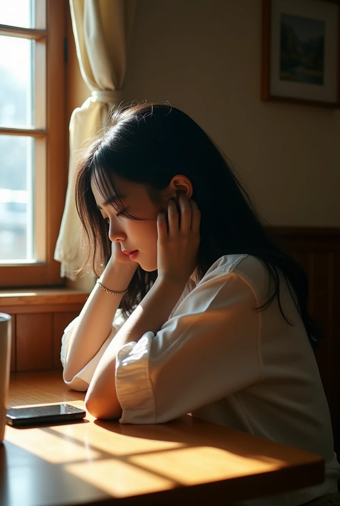 A 20-year-old woman sitting at a table by the window of a Western-style room. Her profile, a sad expression, is beautifully detailed. An iPhone rests on the table. Japanese. A woman with her head bowed.