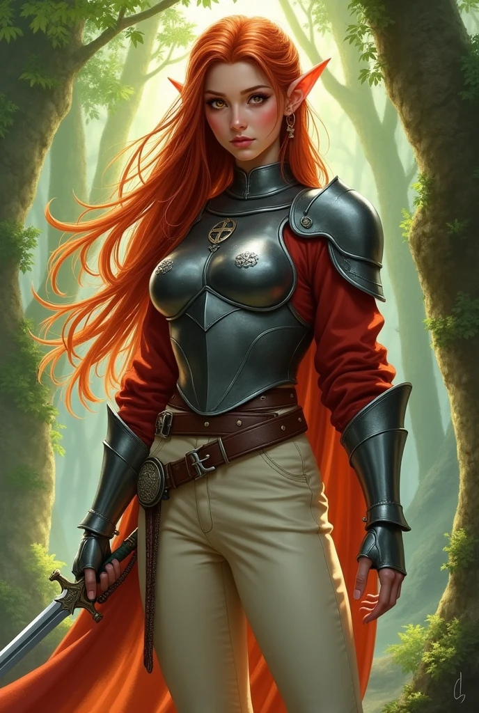 dessin
elfe fille vue de face
cheveux roux long
poitrine généreuse
yeux ambres
armure grise
chemise ample rouge
pantalon crème
dague a la ceinture
fouet dans main droite