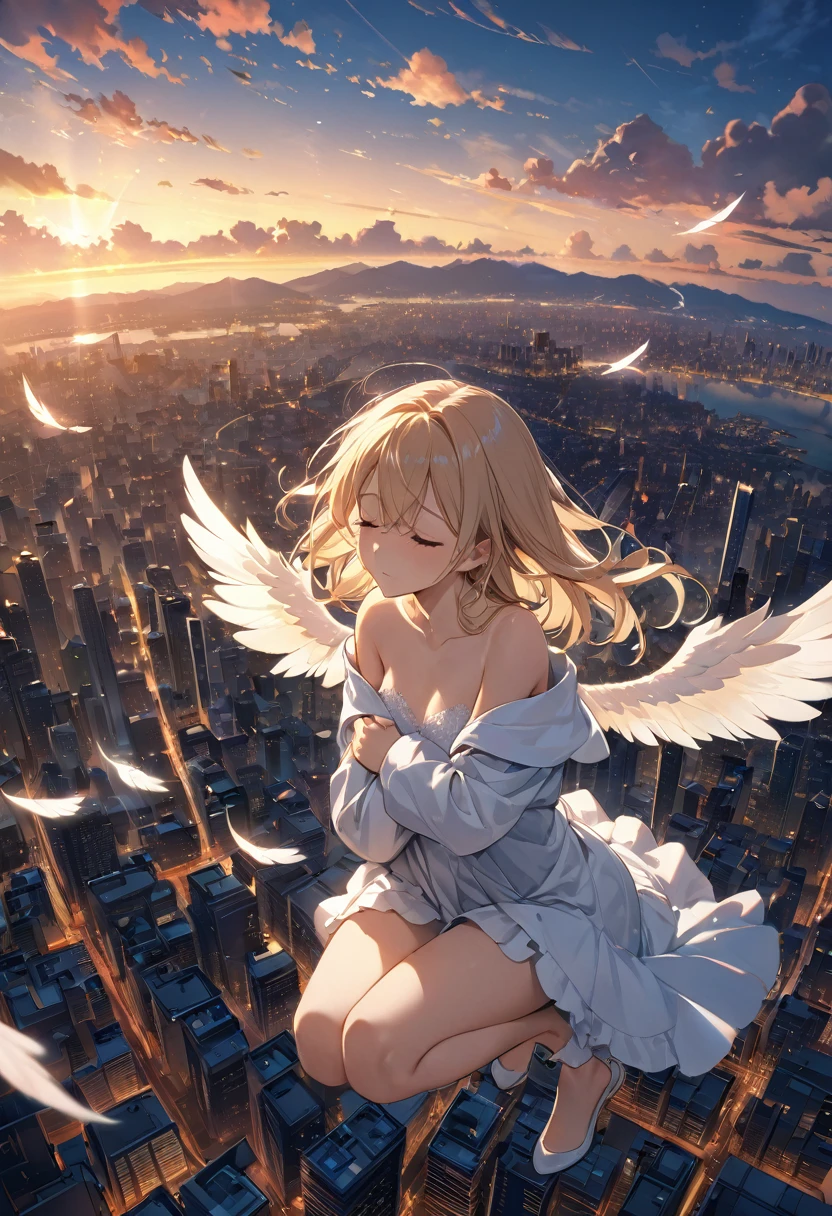 high resolution、High definition、8k、Anatomically correct、null、cloud、Warm Light、distant cityscape、(Floating in the air, hugging their knees)、close your eyes、Angel、diagonal、