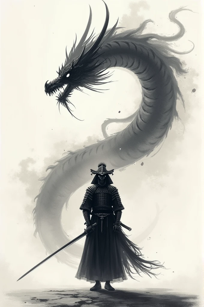 japanese samurai in front of a dragon, in the style of minimalist ink wash, 2d game art, witchcore, light white and dark gray, i can't believe how beautiful this is, gongbi, ritualistic masks --ar 63:128 --stylize 750