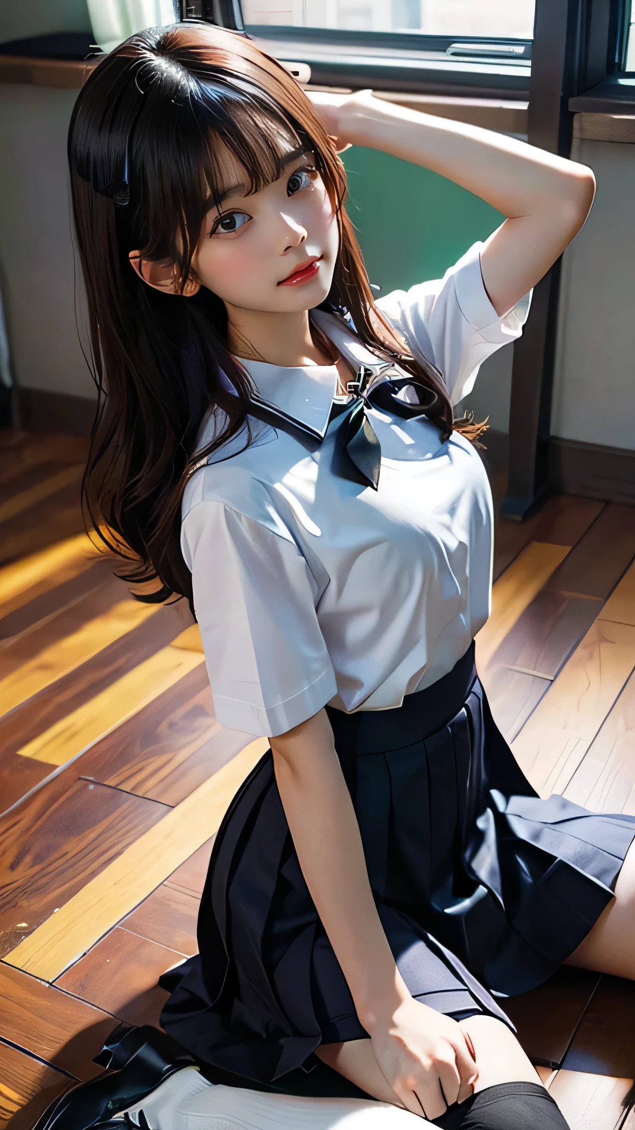 (High resolution),(High resolution),(High resolution),(8k), One girl, Yoshizuki_Iori、School_uniform_purple_shirt_green_skirt_white_neckerchief_black_Knee socks、In a high school classroom, Lying on the floor, Spread your legs, shirts lift, Show off your breasts, Spread your legs, squat, White T-back panty),