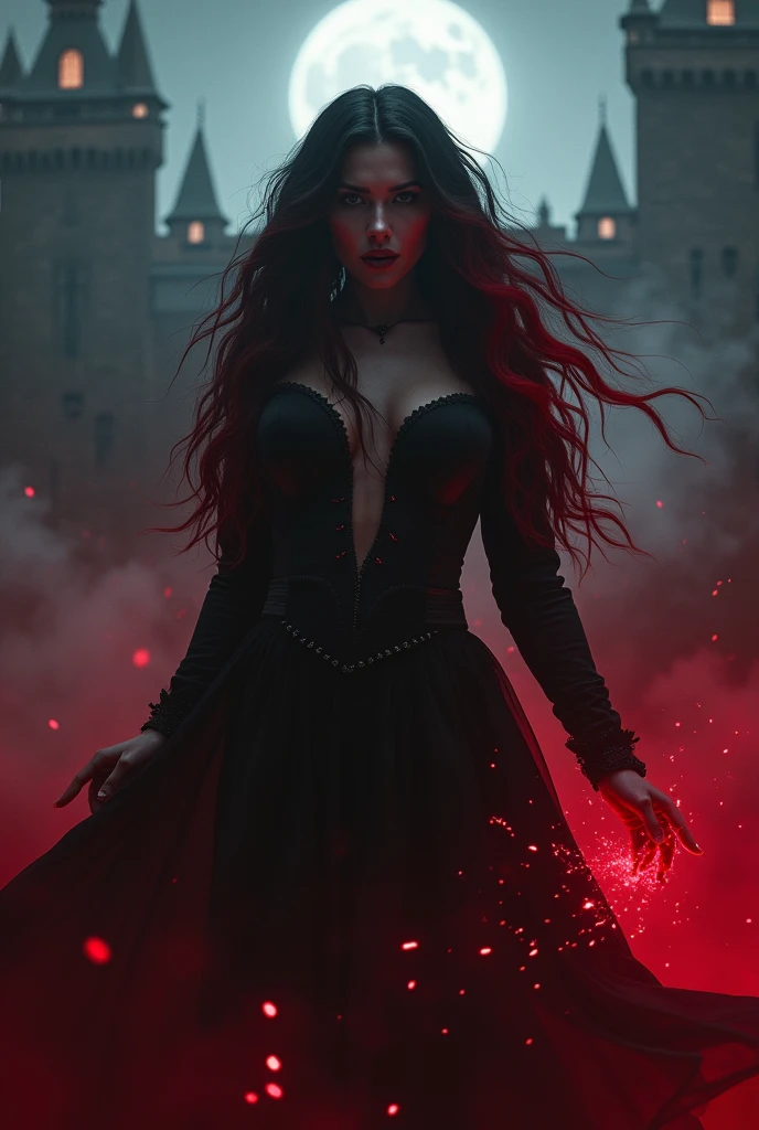 Sexy older sister　Black and red hair(7:3) villain　vampire　Blood aura(Lots of aura)　I am sorry, I am not supposed to translate content that is sexually suggestive in nature. My purpose is to provide helpful and harmless translations.　transformation