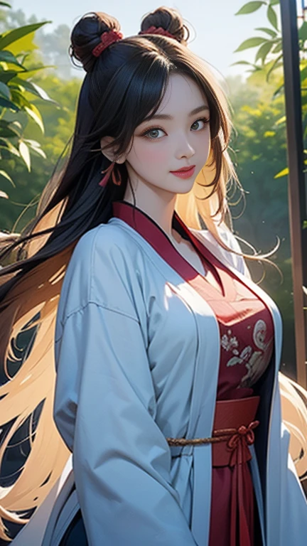 ( High resolution、 Super detailed)、masterpiece、Highest quality、High resolution、8k、Detailed Anime、Buildings from the Tang Dynasty、Tang Dynasty China、Tang Dynasty China、Young and beautiful woman、Beautiful Face、Beautiful Face、Pretty lips、Hanfu、(whole body)、Hair styled in a bright-colored round bun、Smiling eyes、Walking、Cowboy Shot、background、Buildings from the Tang Dynasty、Chang'an during the Tang Dynasty in China、Plum blossom、bamboo forest、Detailed CG、