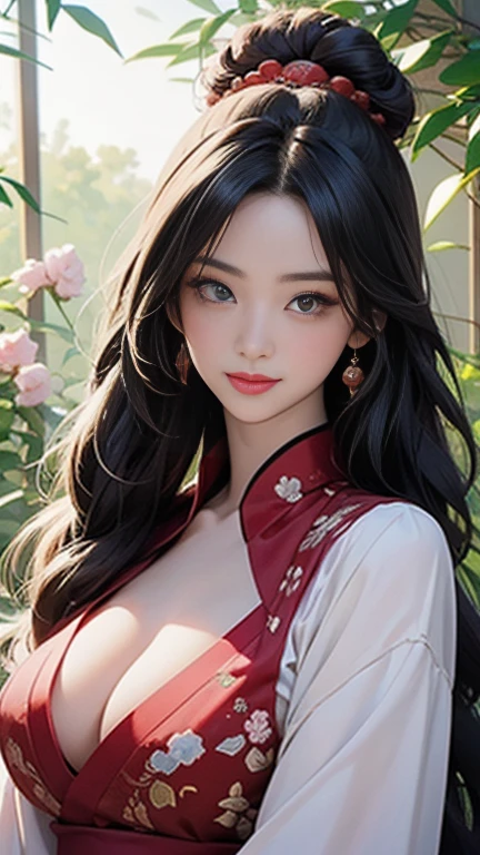 ( High resolution、 Super detailed)、masterpiece、Highest quality、High resolution、8k、Detailed Anime、Buildings from the Tang Dynasty、Tang Dynasty China、Tang Dynasty China、Young and beautiful woman、Beautiful Face、Beautiful Face、Pretty lips、Hanfu、(whole body)、Hair styled in a bright-colored round bun、Smiling eyes、Walking、Cowboy Shot、background、Buildings from the Tang Dynasty、Chang'an during the Tang Dynasty in China、Plum blossom、bamboo forest、Detailed CG、