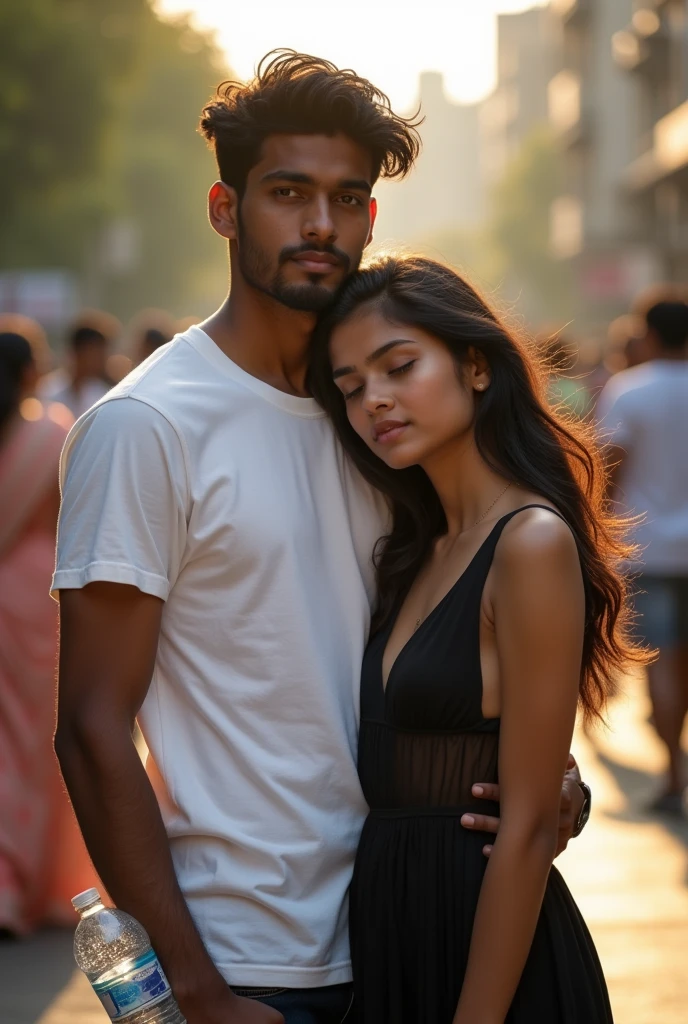 a real Indian 23 year old boy  beautiful slim girl have a big boobs and showing cleavage  in black trancperant derss, boy chatching a watter botel hands and water falling on girl's brest, and girl are sleeping boy wearing white t-shirt there are some other people on the road, front facing , the background behind the boy and girl is blurred, beautiful realistic photo, very beautiful photo, 4k hd realistic image.