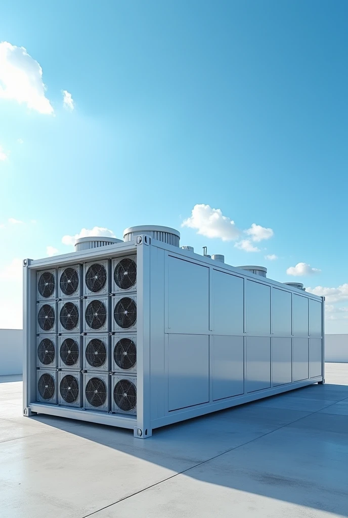 Create a 3D rendering of a modern datacenter container viewed from the outside. The container is rectangular with a clean, industrial design. The long sides of the container feature 20 midsize air fans each, arranged in two parallel rows. On one side, the air fans are positioned to pull air into the container. Positioned about 50 cm in front of these fans are evaporative cooling pads mounted on a sturdy steel construction, adding an extra layer of cooling as the air enters the container. On the opposite side, the fans are designed to expel air out of the container, showing a clear and efficient airflow system.