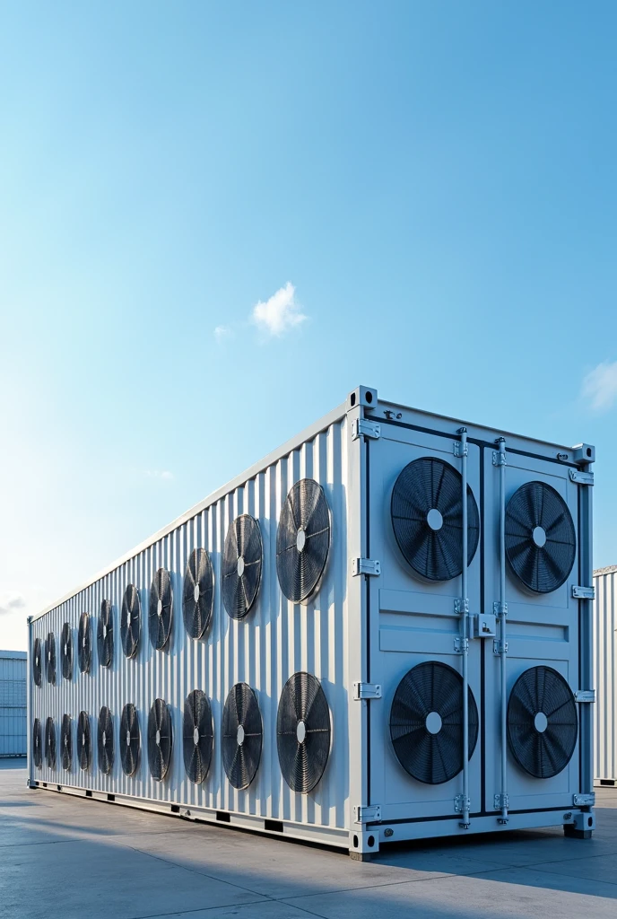 Create a 3D rendering of a modern datacenter container viewed from the outside. The container is rectangular with a clean, industrial design. The long sides of the container feature 20 midsize air fans each, arranged in two parallel rows. On one side, the air fans are positioned to pull air into the container. Positioned about 50 cm in front of these fans are evaporative cooling pads mounted on a sturdy steel construction, adding an extra layer of cooling as the air enters the container. On the opposite side, the fans are designed to expel air out of the container, showing a clear and efficient airflow system.