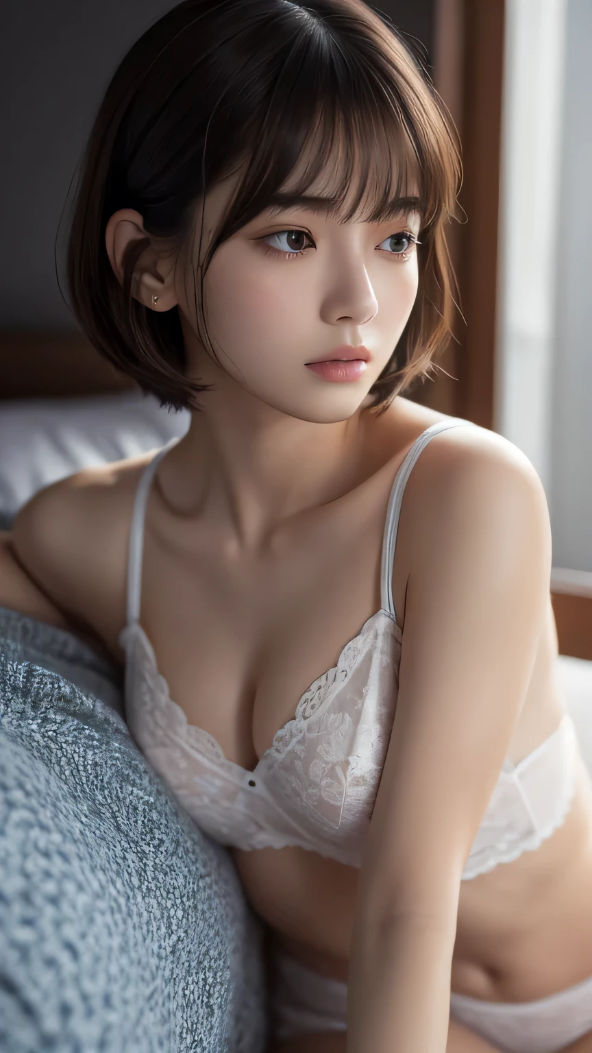 (Ultra-realistic), (figure), (High resolution), (8k), (Very detailed), (Best figure), (Beautiful and detailed), (Highest quality), (Super detailed), (masterpiece), (wallpaper), (Detailed face), alone, One Girl, watching viewer, pajamas、sleepy、Dozing off、Close ~ eyes、bed、futon、Pensive、Less exposure、Fine details, Detailed face, In the Dark, Deep Shadow, Modest, Pure Erotic Face Ace_v1, cool, short hair, Pointed diagonal bangs，