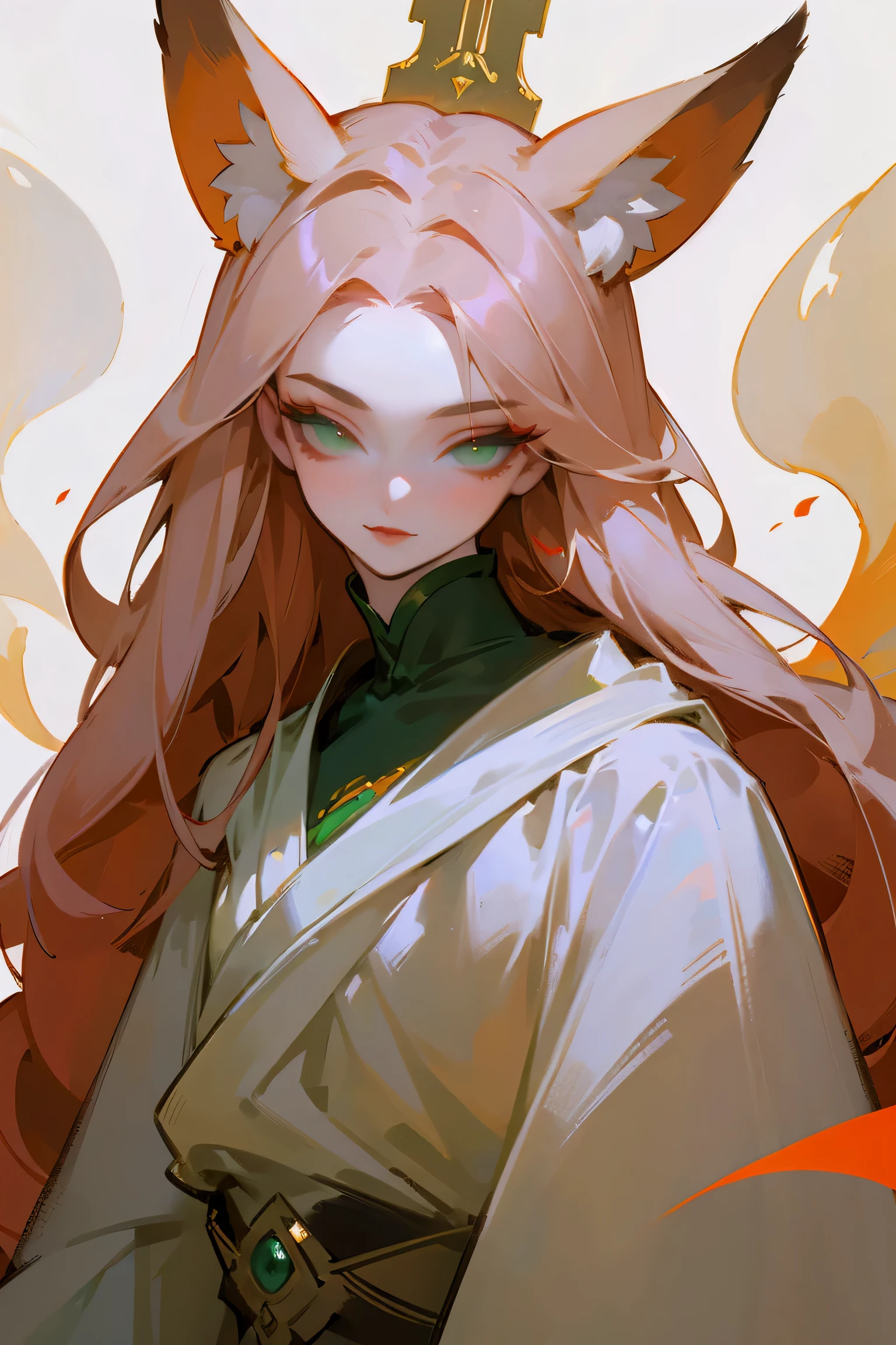 Painting standing upper body, Distant view, in panoramic view, Expensive, One, pale-skinned, (fox ears), Thoughtful eyes, Face details, Green-eyed, red eye shadow, The lips are red, white magical dress, Carefully, Perverted Smirk, ukiee painting, chedevr, high high quality, minimum, tiny,