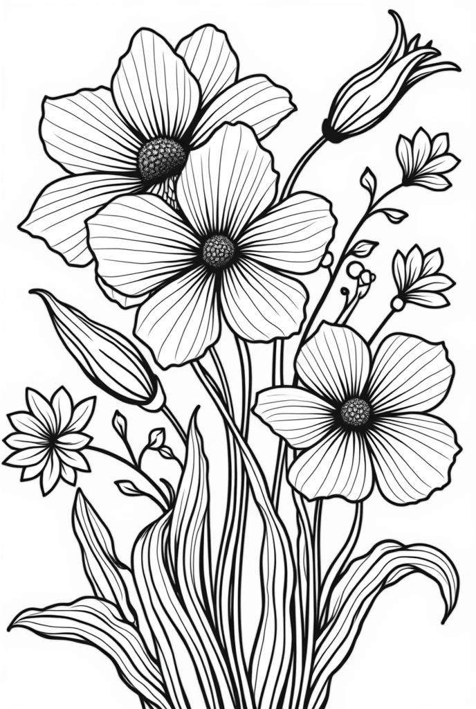 Give me a fantastic lady coloring book pages flowers background no color no grayscale no shadow high details but the design is simple and bold