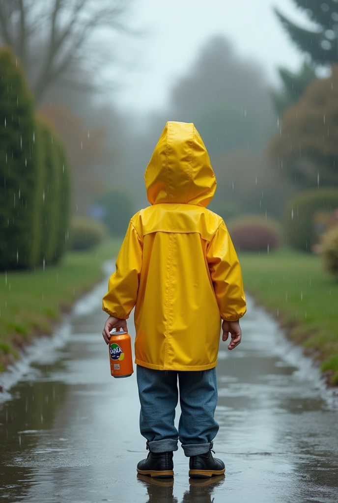 A boy with his back turned in a yellow raincoat holding a fanta 