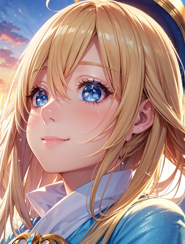 blue eyes, cute mature expression, smiling, sparkling eyes, focus on face, high quality, exquisite dynamic composition, golden hair clip, beautiful narrow blue eyes in close-up, perfect composition, close-up in profile, narrow blue eyes, sunset lighting, high quality, perfect composition