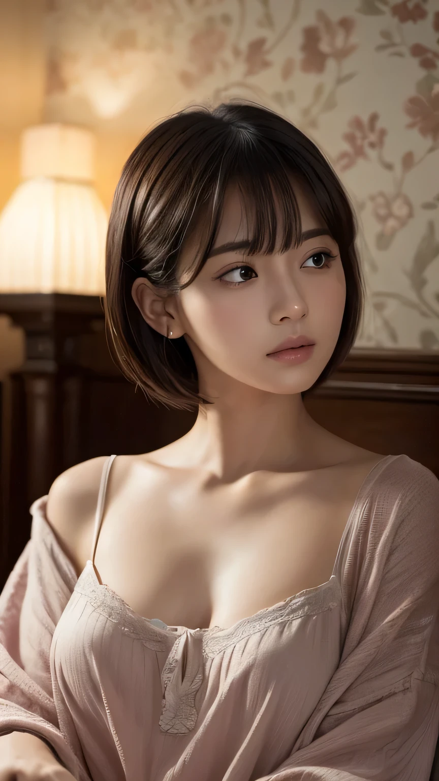(Ultra-realistic), (figure), (High resolution), (8k), (Very detailed), (Best figure), (Beautiful and detailed), (Highest quality), (Super detailed), (masterpiece), (wallpaper), (Detailed face), alone, One Girl, watching viewer, pajamas、sleepy、Dozing off、Close ~ eyes、bed、futon、Pensive、Less exposure、Fine details, Detailed face, In the Dark, Deep Shadow, Modest, Pure Erotic Face Ace_v1, cool, short hair, Pointed diagonal bangs,