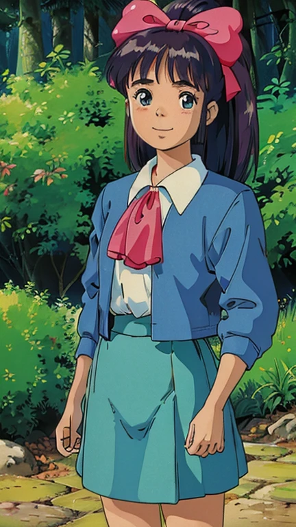 (1girl, solo, highly insanely detailed, masterpiece, top quality, best quality, highres, 4k, 8k, RAW photo),((innocent look)),((Childish)),From the front, symmetrical composition,smile,cute,Innocent,Kind eyes,Flat chest,Hairless vagina, Cameltoe,ghibli style,forest, mikomid, hair bow, school uniform, ascot, jacket, shirt, skirt,