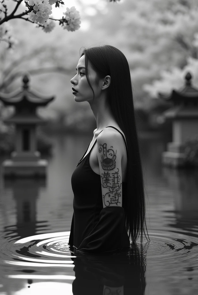 editorial photography,super detailed background,Super realistic,double exposure,depth of field,cool beauty super slender skinny vides,soft focus black white tone,narrative scene,Zen temple garden,open Crimson lips,Wabi-Sabi,narrow eyes,Kanji tattoo on face,waist shot,looking away,super long straight hairstyle,