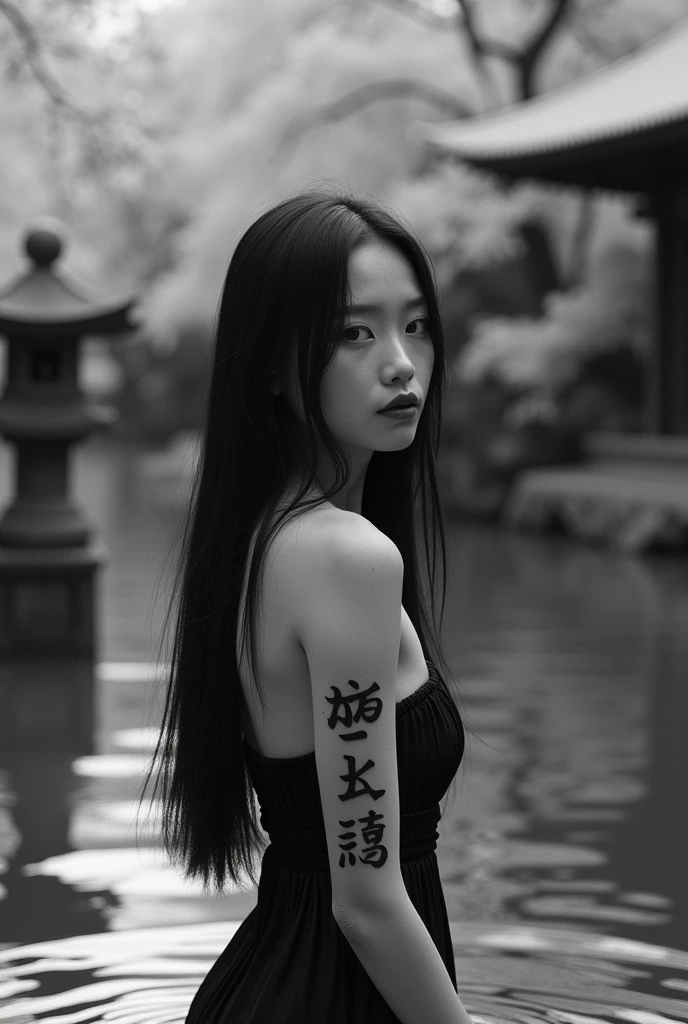 editorial photography,super detailed background,Super realistic,double exposure,depth of field,cool beauty super slender skinny vides,soft focus black white tone,narrative scene,Zen temple garden,open Crimson lips,Wabi-Sabi,narrow eyes,Kanji tattoo on face,waist shot,looking away,super long straight hairstyle,