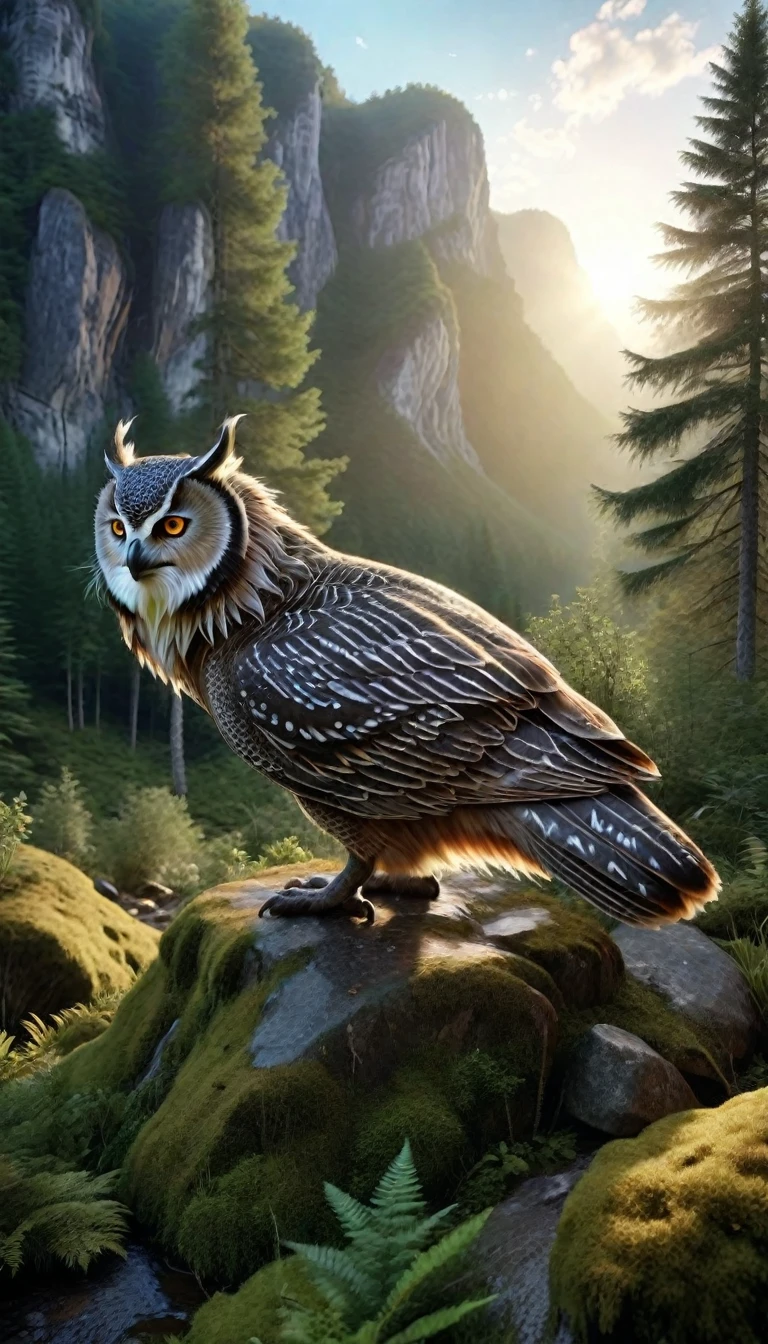 Panorama,In the mountains and forests,A creature with two pairs of eyes(best quality,4K,8k,High level,masterpiece:1.2),Ultra Detailed,(lifelike,Photo real,Photo real:1.37),Highly detailed animals,Complex patterns,Realistic lighting