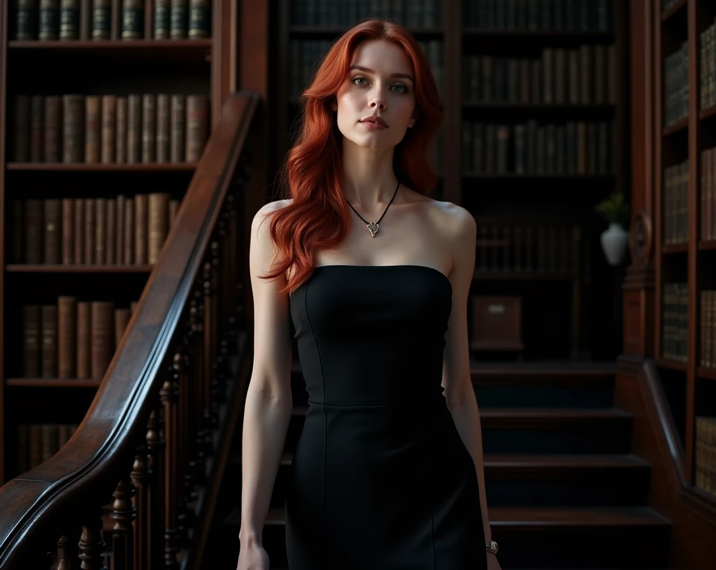 full body photo, beautiful redhead, 25 years old, hourglass body type, wearing a black pencil dress, black Christian Louboutin shoes, she is delicately descending on a beautiful staircase of an old library, ultra realistic photography, studio photography, 32k, ultra quality