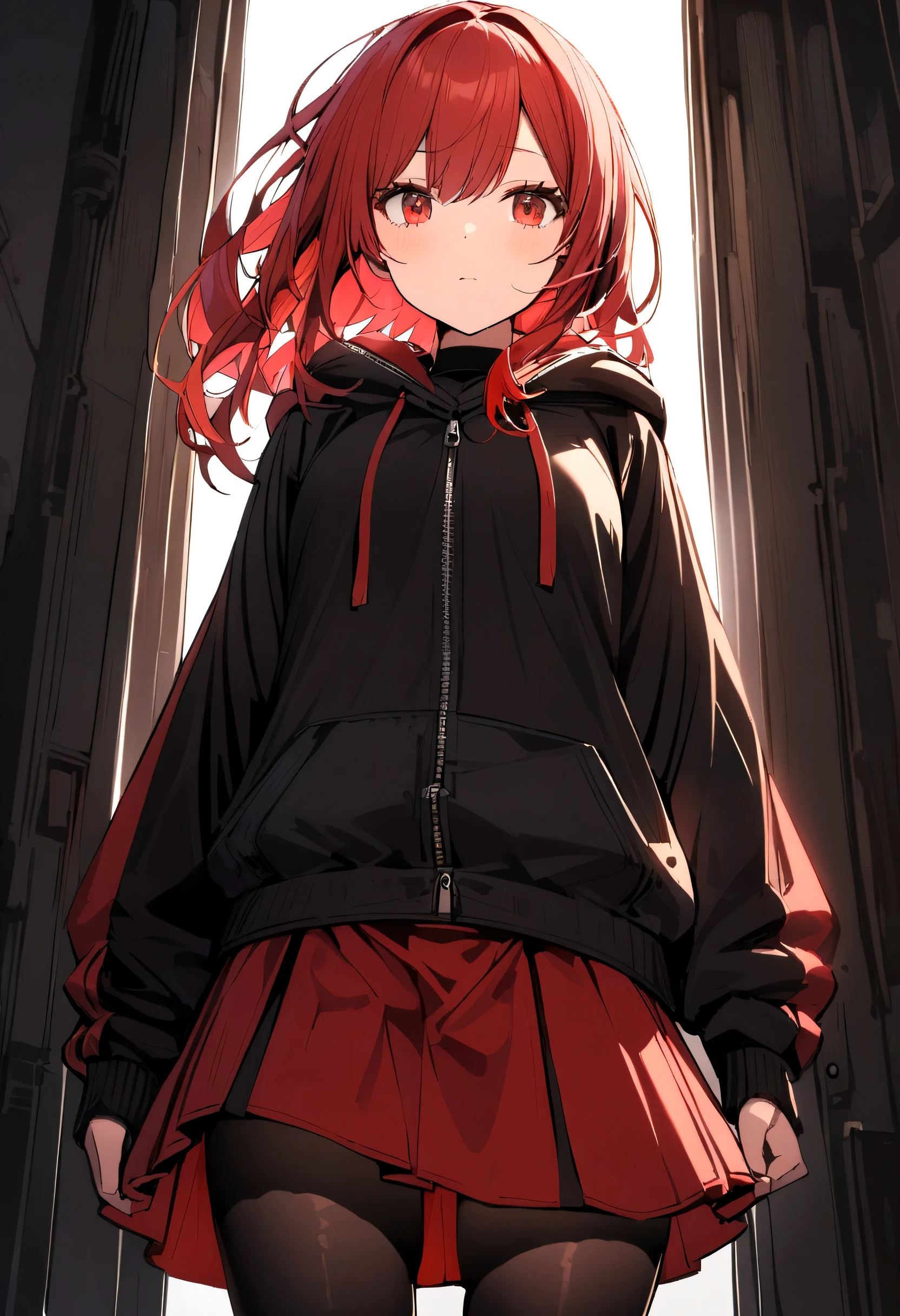 Girl in a red skirt, under which a second black skirt is worn, in black and red tights, with a black top with a red zipper, under which a black T-shirt is worn, with red hair and eyes.