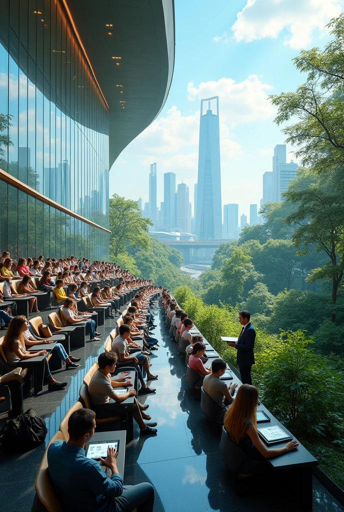 Glass-walled, futuristic university campus lecture hall 