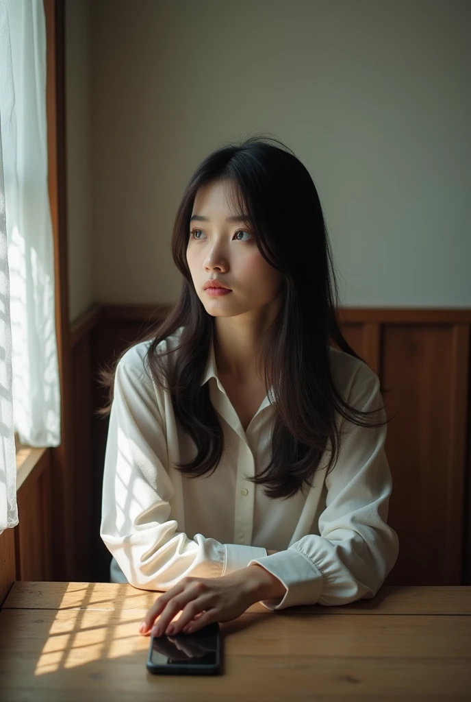 A 20-year-old Japanese woman sitting at a table by the window of a Western-style room. She is looking away, her face sad. She is beautiful in detail. An iPhone is on the table. She is looking down. The background is white.