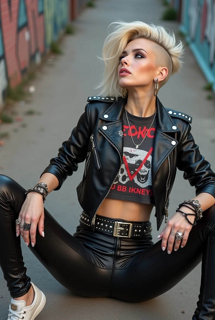 russian milf woman, platinum blonde hair (huge top bun) and sunglasses as headband (big maxi glasses), with very light blue eyes, extremely pale. Wearing cropped black moto jacket, black bra, dark grey jeans and pointy Chelsea boots with cuban heels . Lots of metallic bracelets and collars. Tacky leather belt with oversized buckle. Wide loop earrings. Kneeling in a payer, looking up, chin up, eyes and mouth wide open in amazement. Hands on her knees. Looking at the camera in amazement, toned abdominals, thin legs and thin arms. tattoed