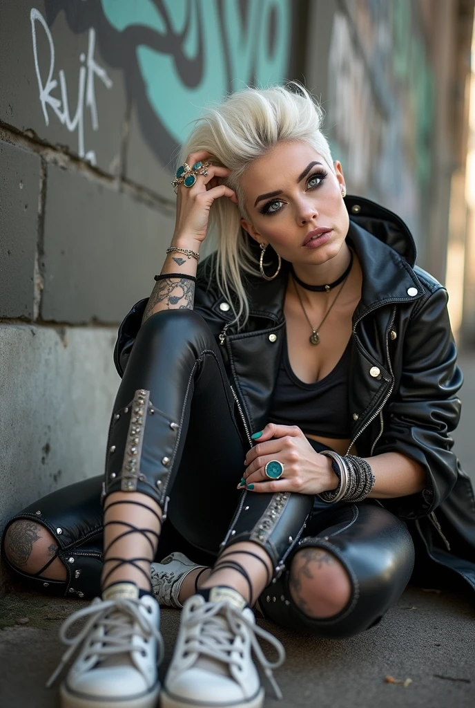 russian milf, platinum blonde hair, long neck, long hair in pompadour male style with shaved sides and black parsley bandana. Big light blue eyes, very pale, excess of makeup, smeared. Wearing black moto jacket,  cropped metal band t-shirt with low neckline, black shiny leggings and dirty white tennis sneakers. Big loop earrings. Wide tacky belt with big buckle, dog collar, lots of rings and studded bracelets , Full body, kneeling with thumbs in pockets in the street, looking up in awe. Point of view from above