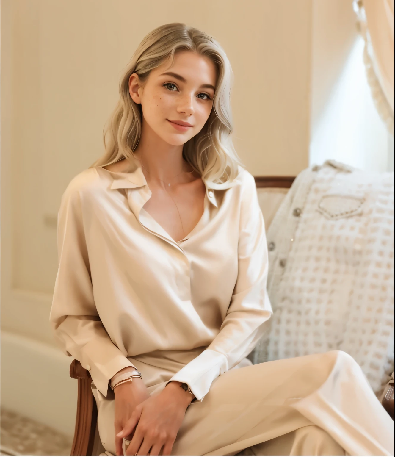 Face of a woman, americana, age 25, pale skin and freckles, grey-eyed, delicate nose, soft and delicate lips, Long Wavy Gray Blonde Hair, Sweet smile, cabelo solto e cheio
