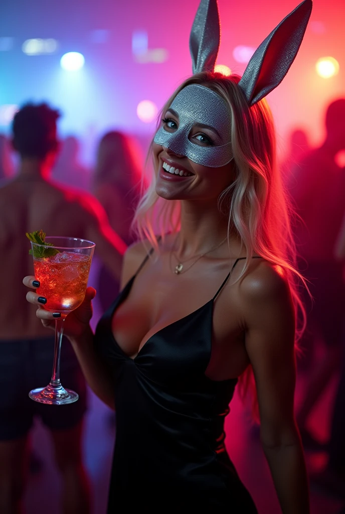 A woman with a white rabbit mask on her face, blonde hair and blue eyes, holding a glass in her hand, smiling and because she is in a club, there are people dancing in the background, there are colored lights and she is wearing a black satin evening dress.