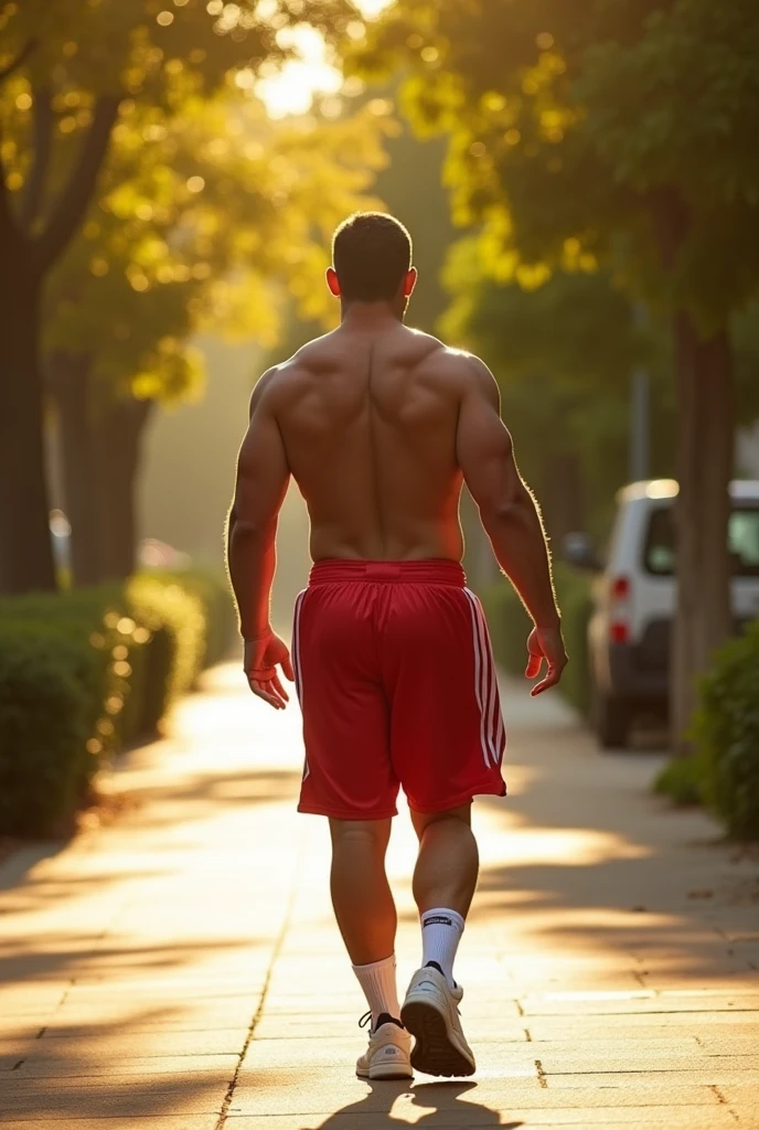 A fit man walking down a sidewalk. He’s wearing semi-tightly fitted basketball shorts. He has a round, bubbly, voluptuous pair of buttocks (emphasized by the shorts) complimented with thick thighs and nice legs. Perspective is directly behind him.