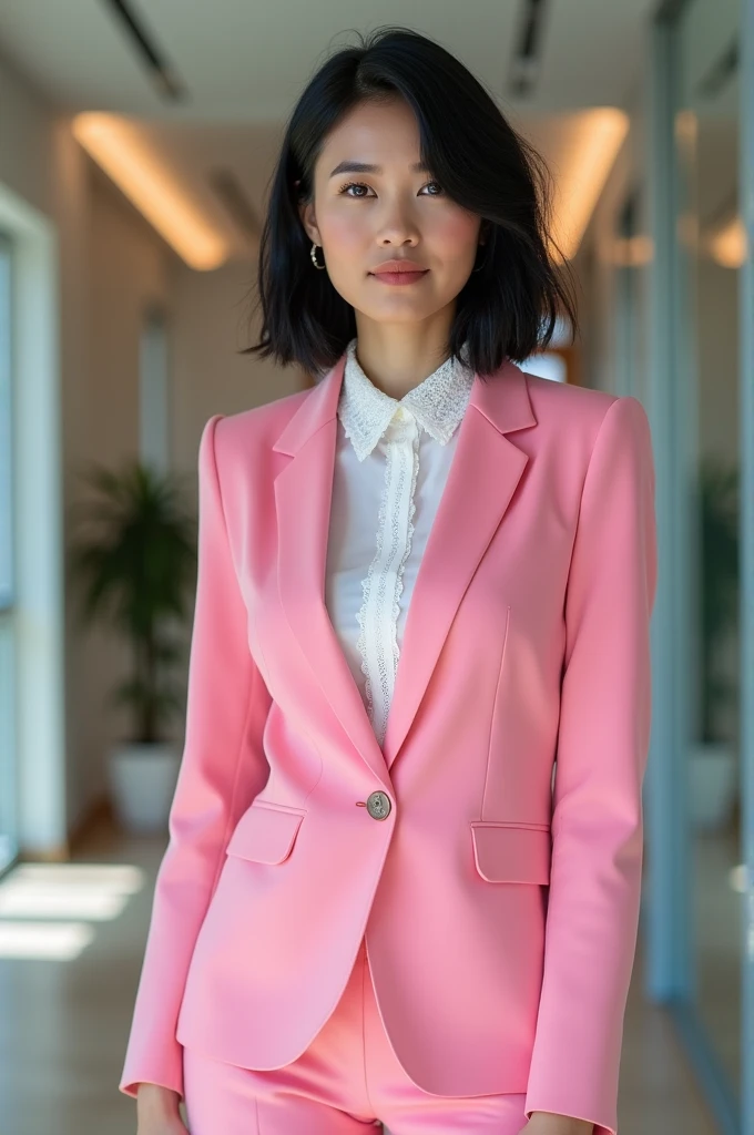 Woman wearing high collar shirt and wearing pink office suit, with short black hair flowing