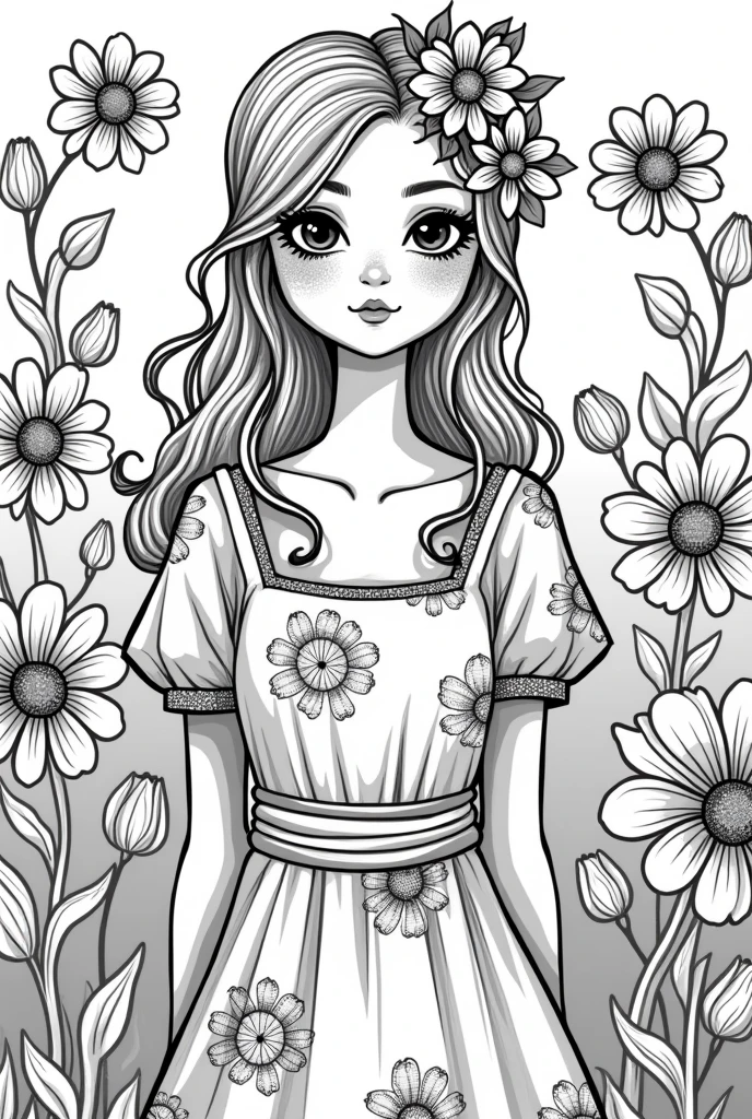 Give me a cute and fantastic lady coloring book pages flowers background no color no grayscale no shadow high details but the design is simple and bold