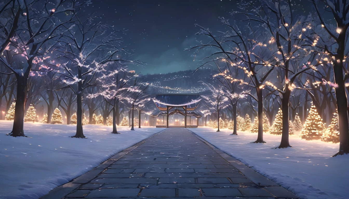 a no snowy winter night in a city park, bare trees decorated with illuminations, anime style, detailed landscape, glowing lights, serene environment, peaceful atmosphere, beautiful scenery, (best quality,4k,8k,highres,masterpiece:1.2),ultra-detailed,(realistic,photorealistic,photo-realistic:1.37),dramatic lighting,muted color palette,atmospheric,cinematic