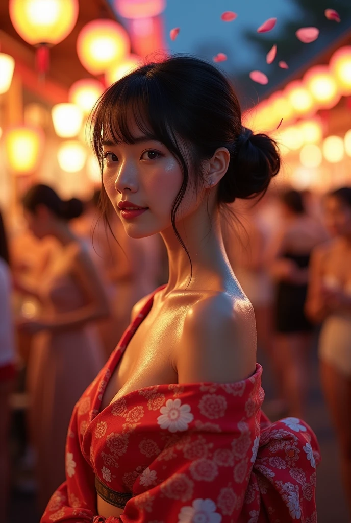 NFSW、Summer festival、Open yukata、Glowing skin、Sweat、Ultra-realistic、Black hair bun、Erotic