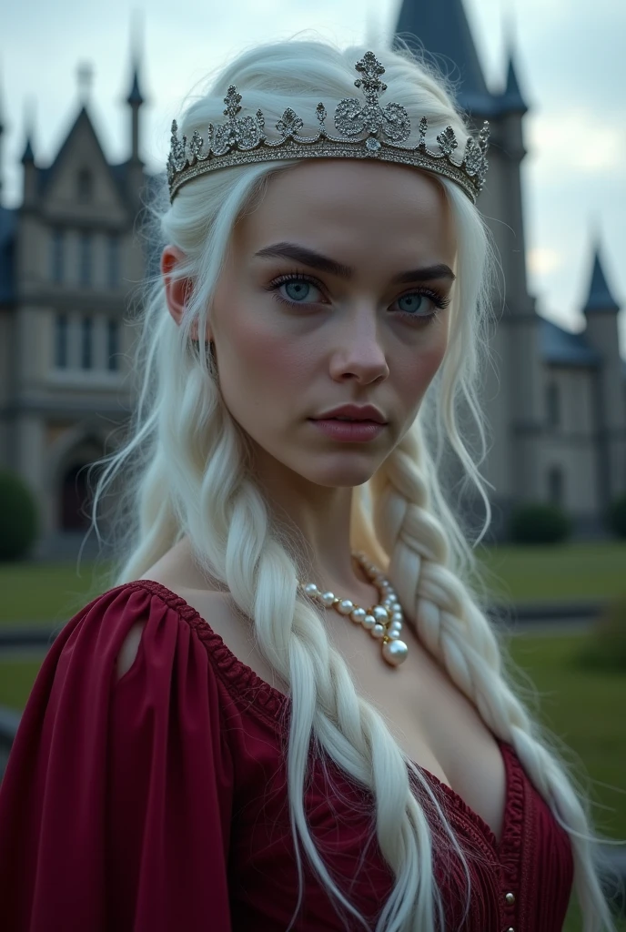 Close up. A beautiful woman, pale skin, fine feature, sharp gaze, long hair, white haired, messy braid, show forehead, queen silver crown, pearl necklace, Westeros fashion style, slit top, corset, long sleeves, dark red clothes. Outdoors, Gothic castle behind, gothic architecture. ((Masterpiece, Best Quality, Highest Image Quality, High Resolution, Photorealism, RAW Photos, 8k)),