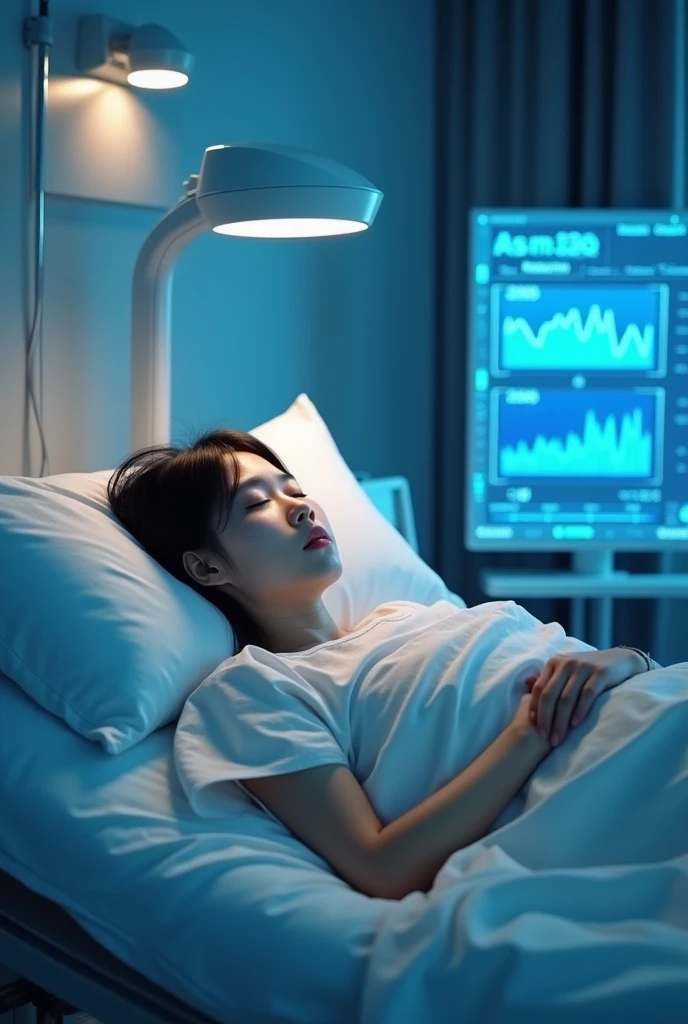 In a hospital setting，An Asian patient lies in bed sleeping，Wearable sensors on the arm。at the same time，Above his chest，Equipped with millimeter wave radar detection system，Send electromagnetic waves to his chest。Beside him，with a screen displaying their vital signs and sleep information.。