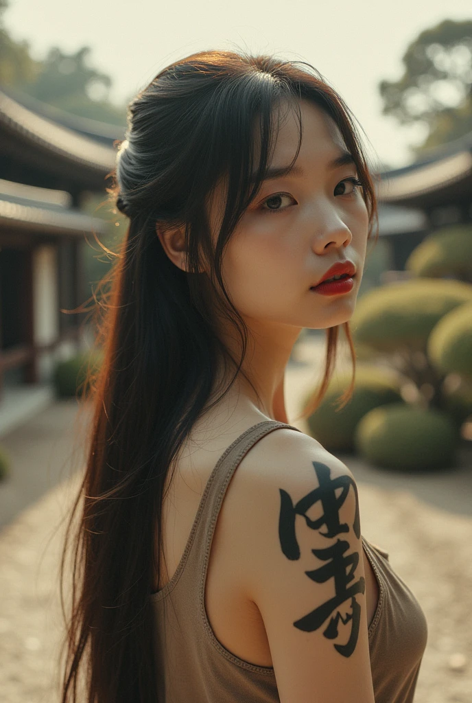 editorial photography,super detailed background,Super realistic,double exposure,depth of field,cool beauty skinny vides,soft focus tone,narrative scene,Zen temple garden,open Crimson lips,Wabi-Sabi,narrow eyes,Kanji tattoo,waist shot,