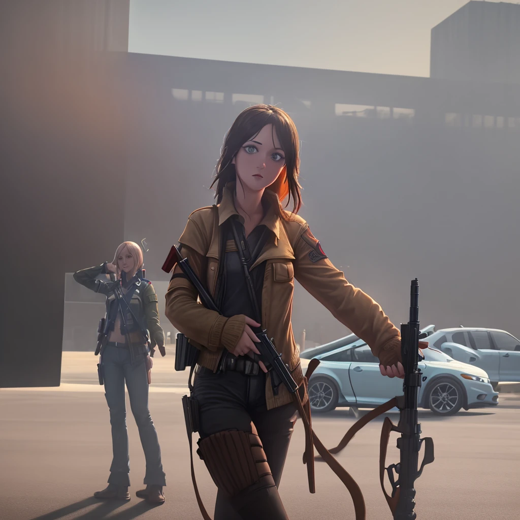 ((Kelly from free fire)) (( standing with gun )) ((looking at car)) (( beautiful car)) (( open world )) (( game graphics))