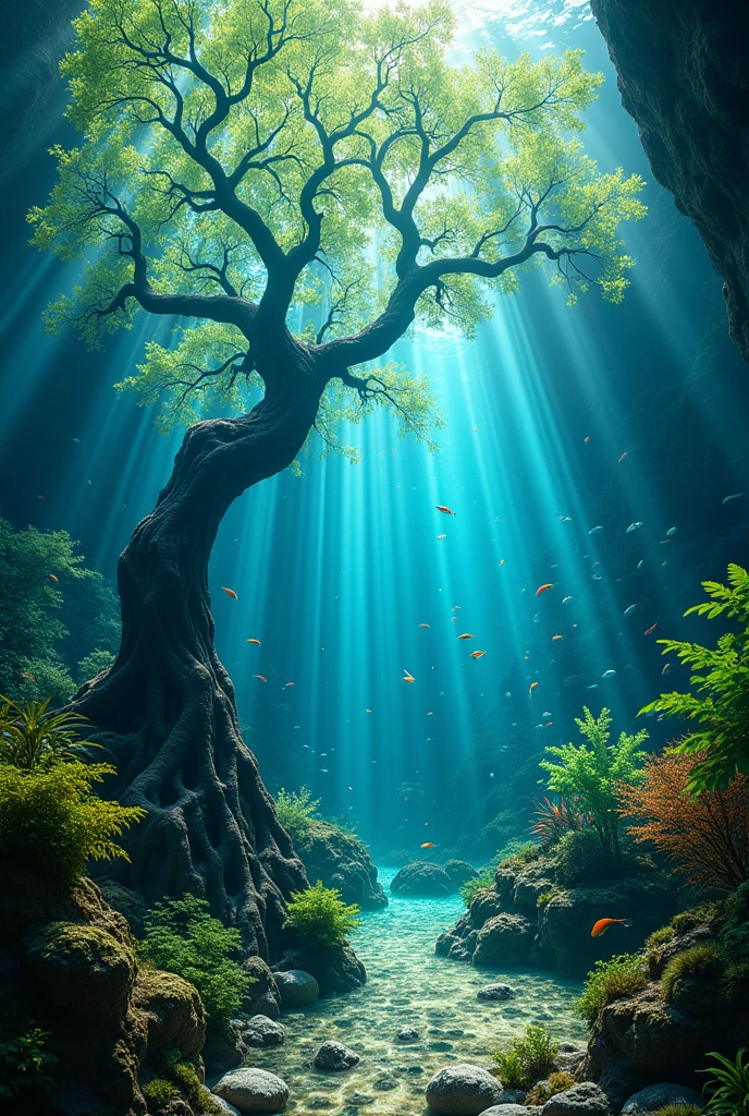 The background is bright area，Sunlight shines down from above，Create beautiful light and shadow levels)  (Light penetrates the water，Illuminates the entire landscape，Make details clearer,In the picture, a large tree with green underwater plants stands in the middle of the water，Massive tree roots covering rocks and other objects) (The plant grows luxuriantly，Forming a vibrant underwater forest scene) (These plants not only decorate the underwater environment，It also provides shelter and food for fish.) (Ultra HD，4K image)