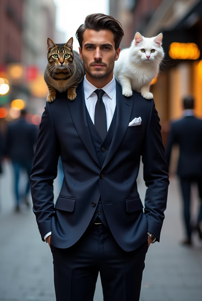 Man with suit and cats in his shoulder 