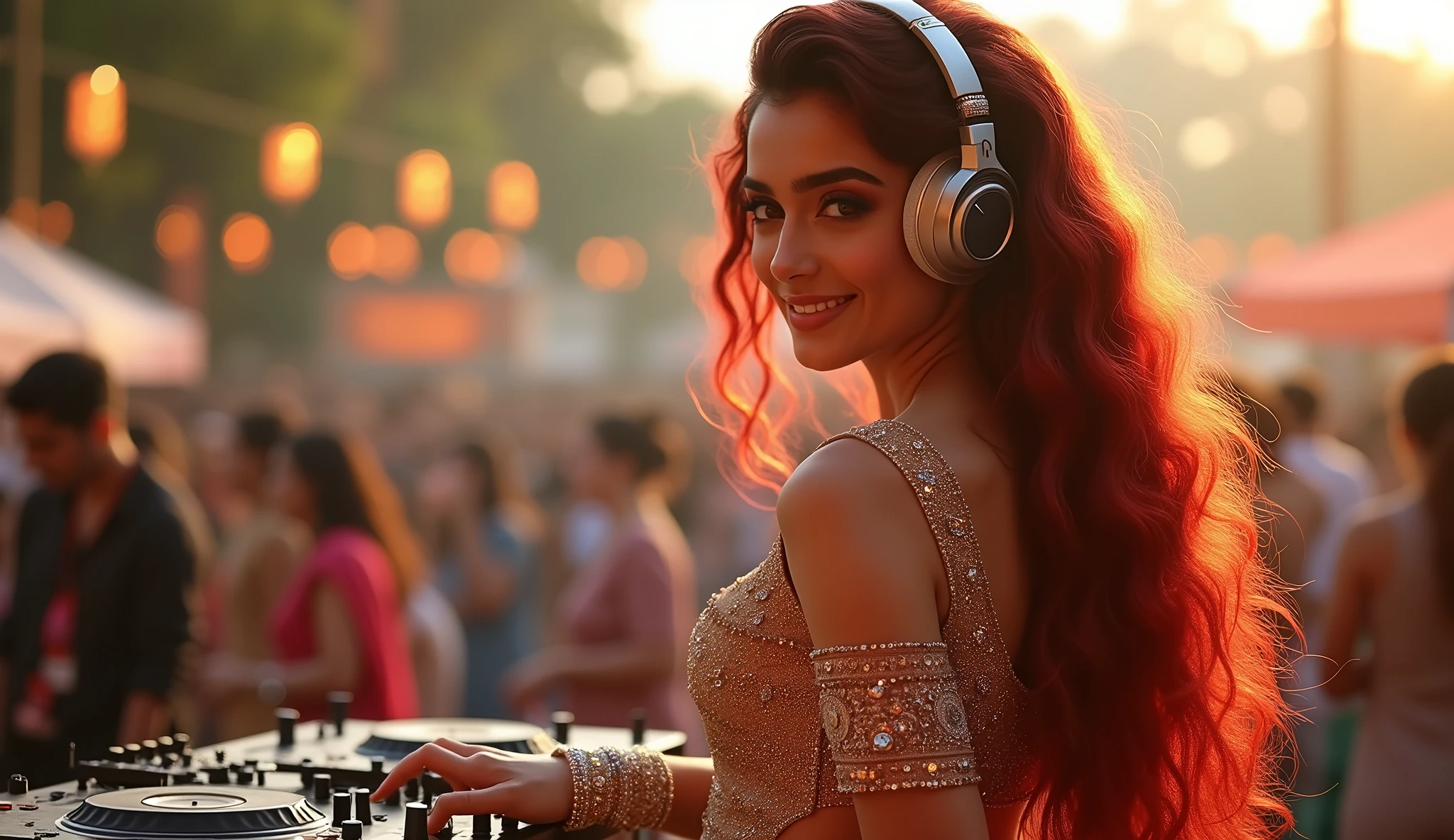 hyperrealistic beautiful light skin persian busty 18-year-old women wearing bollywood clothes, model shooting full body photography, model has headphone on her head. Model is a dj, console in front of her.view from behind, natural redhead long curly hair, dark eye makeup with eyeliner, seductive smile, small necklace, 8K, Best quality, Meisterwerk, ultra high resolution, (Realismus: 1.4), Originalfoto, (realistische Hautstruktur: 1.3), (Filmkorn: 1.3), (Selfie-Winkel), 1 girl, Beautiful round hazel eyes and facial details, Meisterwerk, Best quality, selfie-pic-posing outside, nsfw