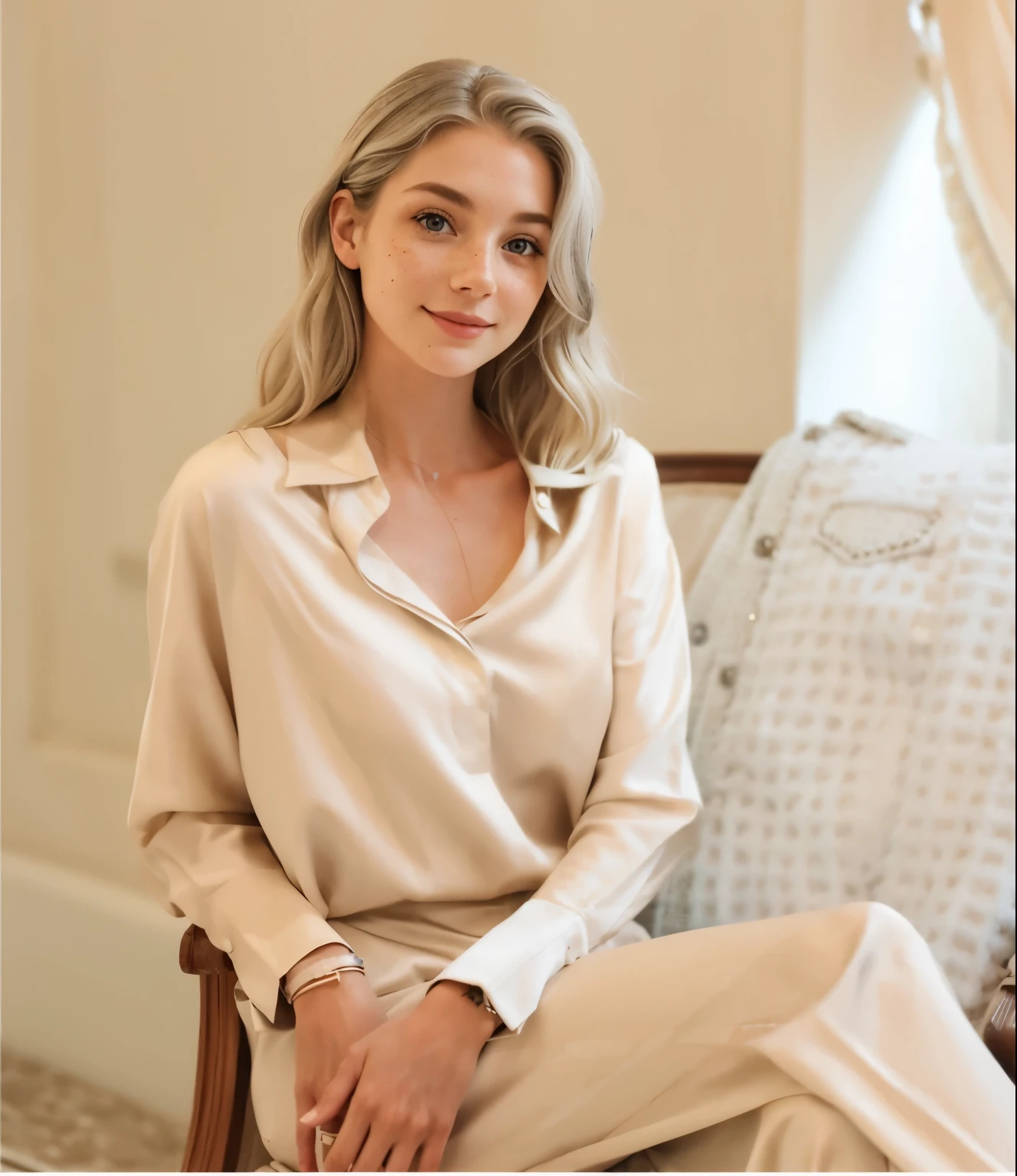 Face of a woman, americana, age 25, pale skin and freckles, grey-eyed, delicate nose, soft and delicate lips, Long Wavy Gray Blonde Hair, Sweet smile, cabelo solto e cheio