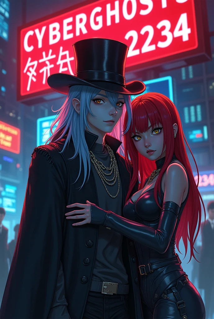a sign that says "CyberGhosts 2234" with a ghost wearing a magician's hat and chains on his hands and body like a lost soul, standing next to a cyborg girl with a weapon in her hands, long red hair and bangs, with brown skin and brown eyes, located in a black market, in the style of CyberPunk anime