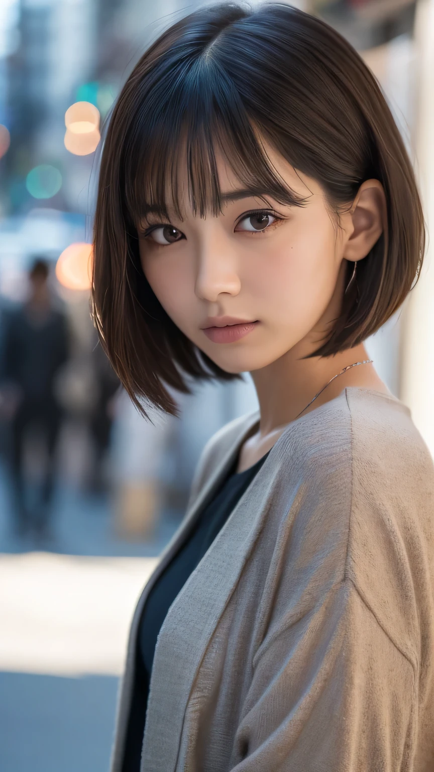 (Ultra-realistic), (figure), (High resolution), (8k), (Very detailed), (Best figure), (Beautiful and detailed), (Highest quality), (Super detailed), (masterpiece), (wallpaper), (Detailed face), alone, One Girl, watching viewer, Trendy clothes，Less exposure、Fine details, Detailed face, In the Dark, Deep Shadow, Modest, Pure Erotic Face Ace_v1, cool, short hair, Pointed diagonal bangs，Aoyama Street