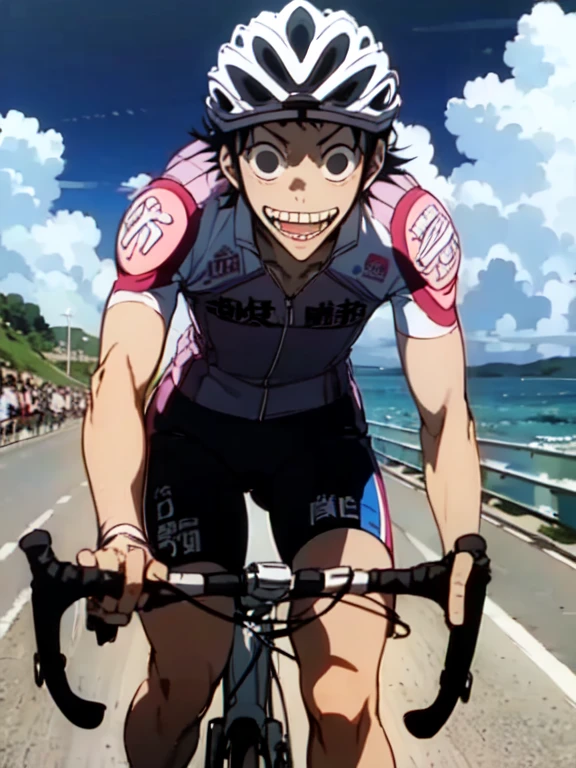 ride a bicycle, One person, alone, AKIRA_midousuji, black hair, black eyes, teeth, Cycle pro team wear, Seaside Road, Road race, Blue sky and sea, The shadows of the players, Strong winds, Wave Splash, Broad horizon, Movie Posters
