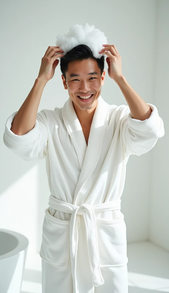 Create a handsome Asian man，Beautiful big eyes，Standing on the ground，Wearing a white satin bathrobe，Scratching the scalp with both hands，Two hands washing hair on top of head，头上有很多Realistic foam，Foam wrap head，Realistic foam，The expression is happy，front，The characters are realistic and realistic，Pure white bathroom background，Character front position，9:16 frames，Ultra-high-definition picture quality