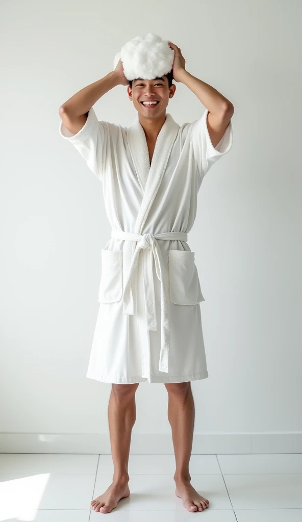 Create a handsome Asian man,Beautiful big eyes,Standing on the ground,Wearing a white satin bathrobe,Scratching the scalp with both hands,Two hands washing hair on top of head,头上有很多Realistic foam,Foam wrap head,Realistic foam,The expression is happy,front,The characters are realistic and realistic,Pure white bathroom background,Character front position,9:16 frames,Ultra-high-definition picture quality