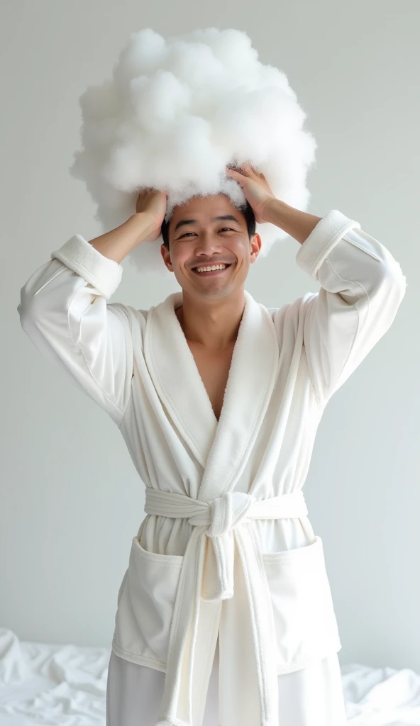 Create a handsome Asian man,Beautiful big eyes,Standing on the ground,Wearing a white satin bathrobe,Scratching the scalp with both hands,Two hands washing hair on top of head,头上有很多Realistic foam,Foam wrap head,Realistic foam,The expression is happy,front,The characters are realistic and realistic,Pure white bathroom background,Character front position,9:16 frames,Ultra-high-definition picture quality
