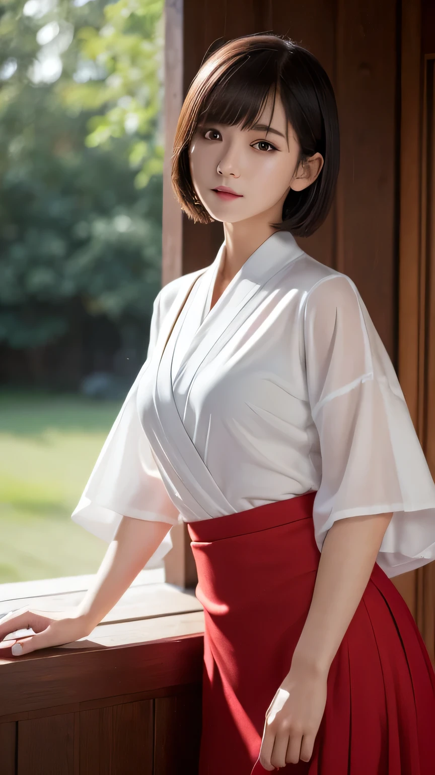 (Ultra-realistic), (figure), (High resolution), (8k), (Very detailed), (Best figure), (Beautiful and detailed), (Highest quality), (Super detailed), (masterpiece), (wallpaper), (Detailed face), alone, One Girl, watching viewer, White kimono、Red long skirt，shrine、Less exposure、Fine details, Detailed face, In the Dark, Deep Shadow, Modest, Pure Erotic Face Ace_v1, cool, short hair, Pointed diagonal bangs，